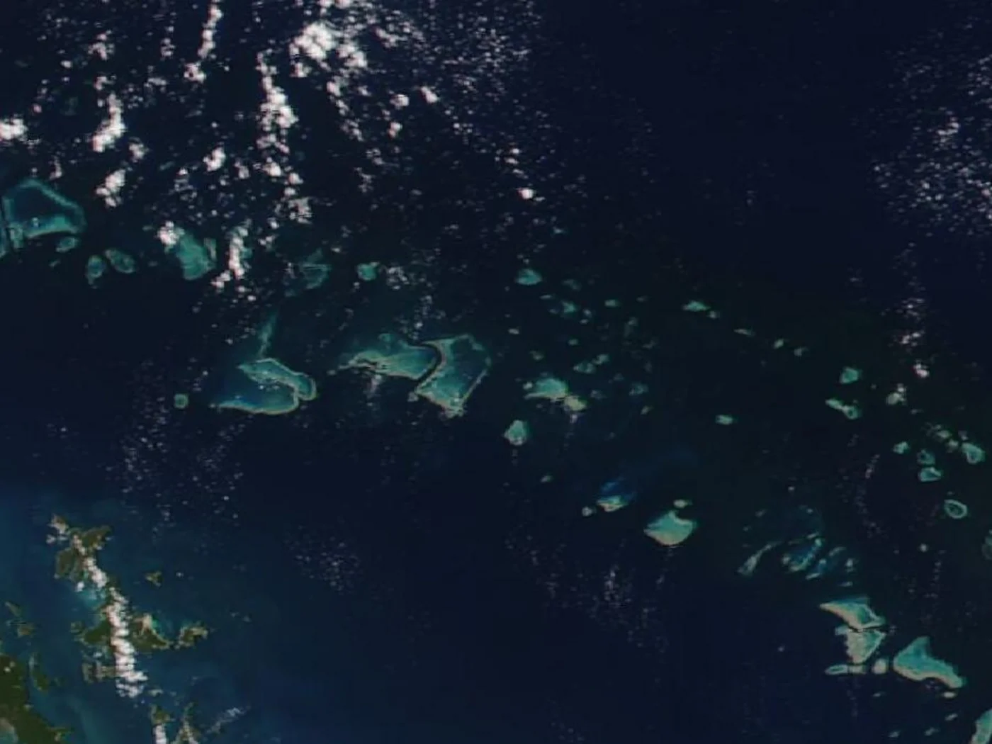 Satellite image of coral reef structures in the Great Barrier Reef off the Queensland coast