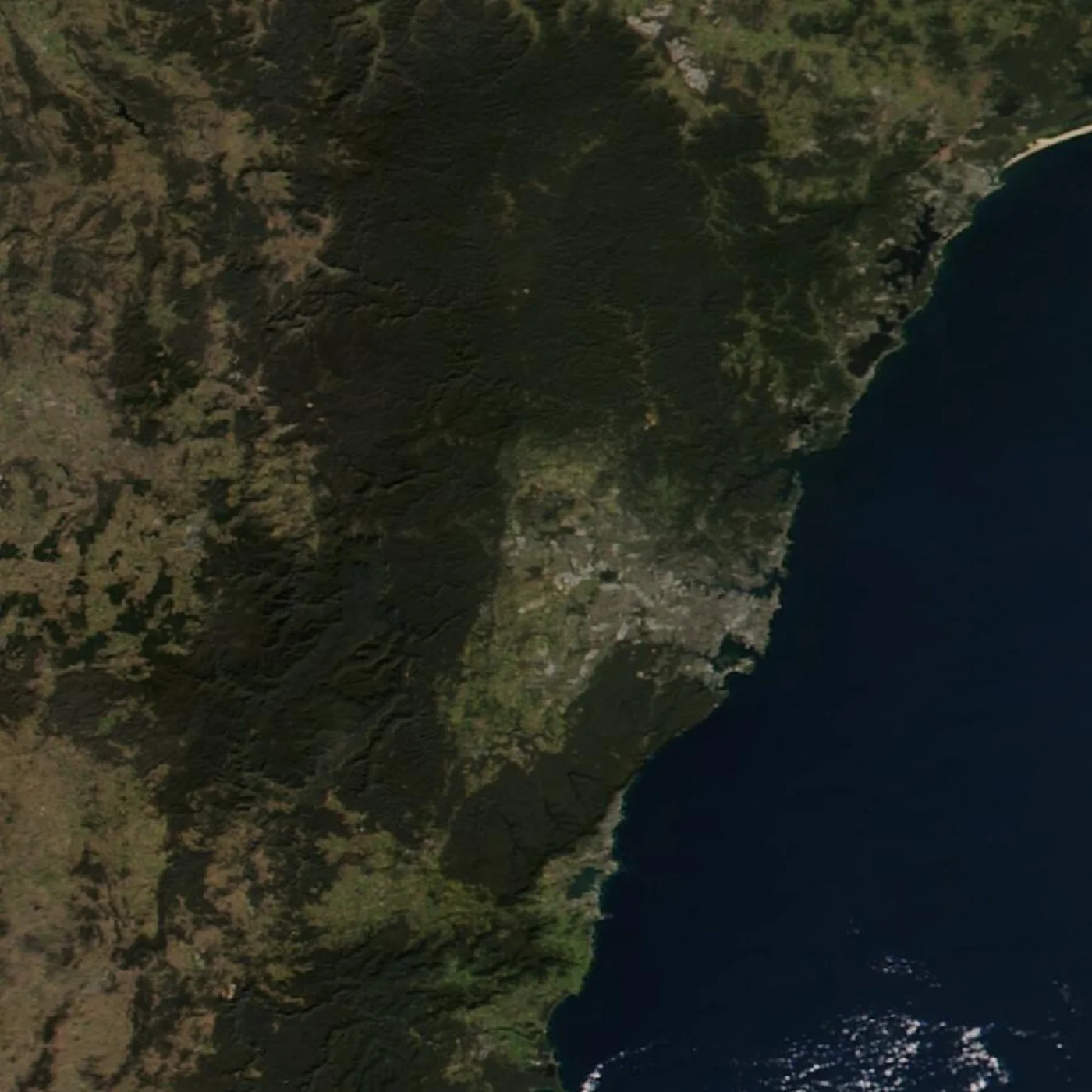 Satellite image of Sydney and the surrounding New South Wales coastline