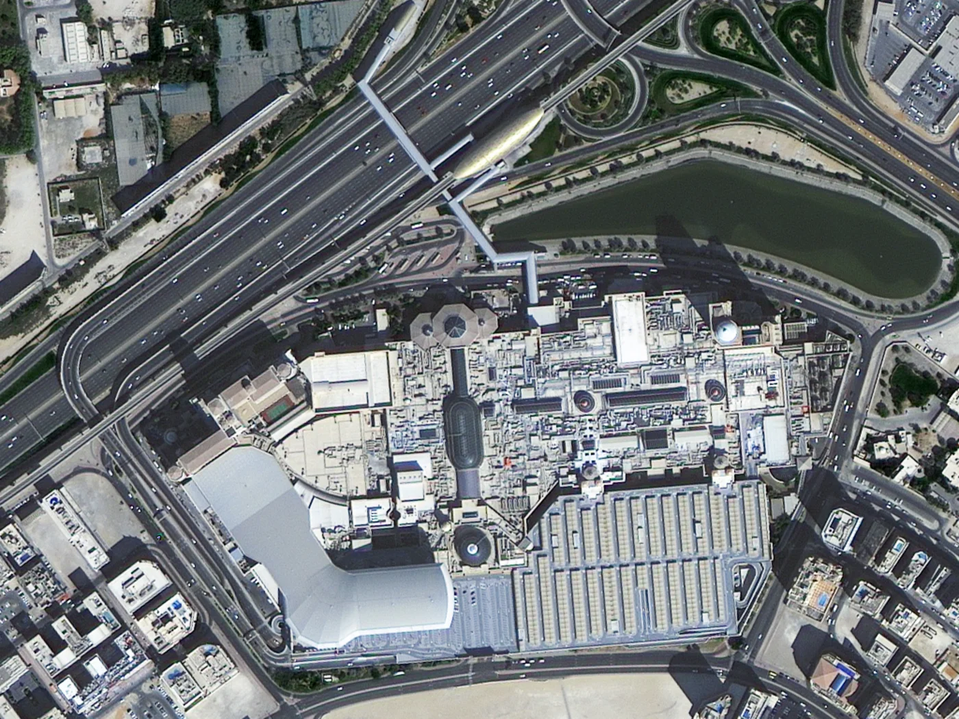 Satellite image of The Dubai Mall and a major highway interchange, captured by TripleSat