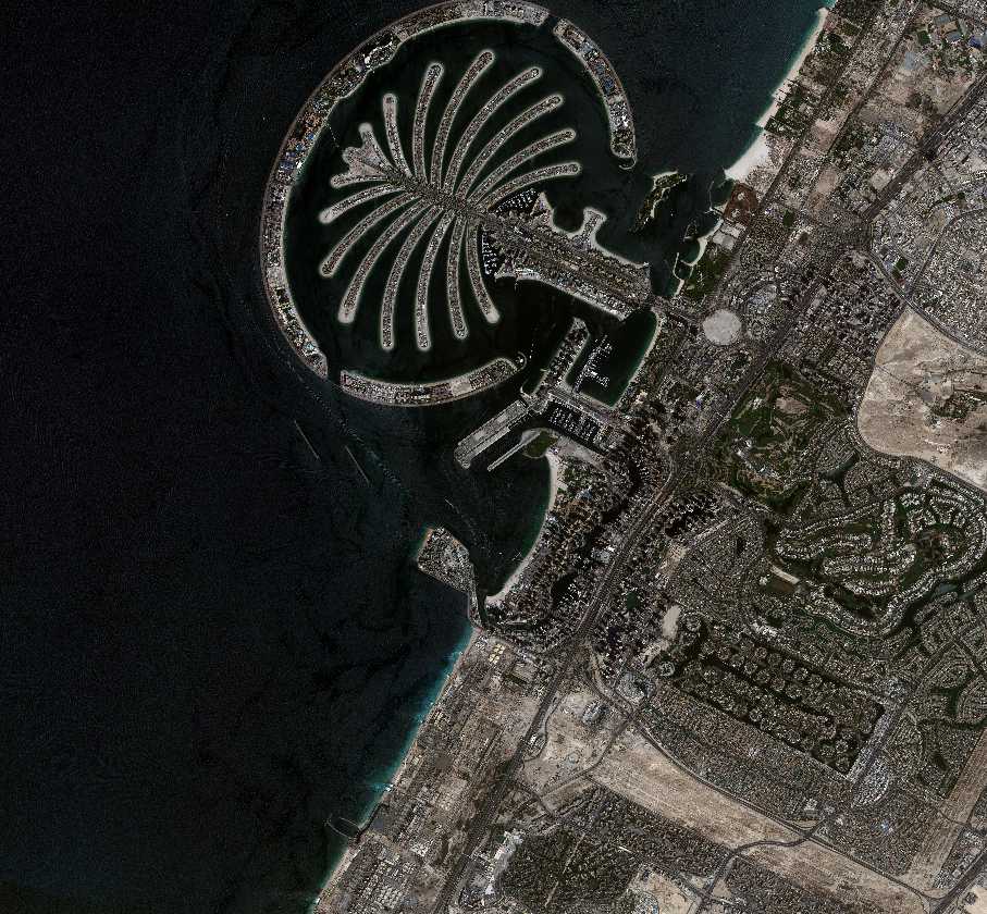High-resolution satellite image of Palm Jumeirah, Dubai, captured September 3, 2025