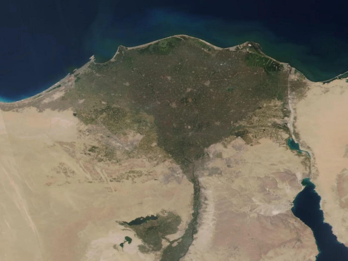 Satellite image of Egypt from space, showing the Nile Delta, Sinai Peninsula, and Red Sea