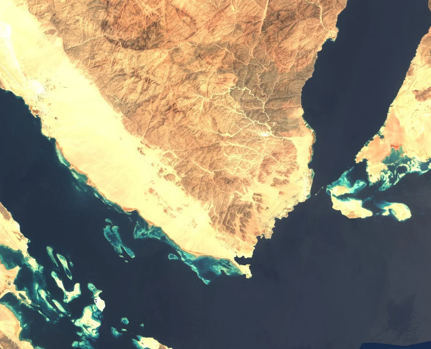 Satellite image of the southern Sinai Peninsula, Egypt, showing Sharm El Sheikh, coral reefs, and the Gulf of Aqaba