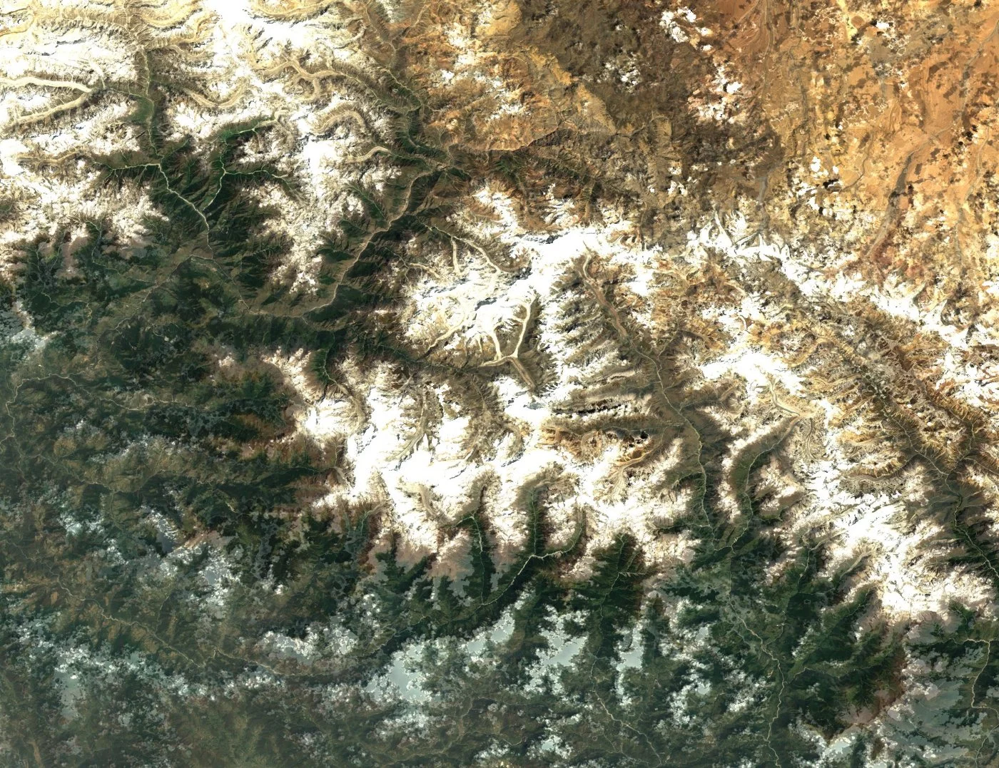 Satellite image of the Himalayas near Nanda Devi, Uttarakhand, India, showing snow-capped peaks and glaciers