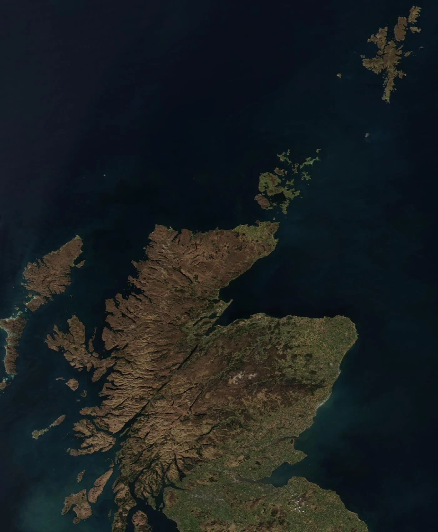 Satellite image of the Scottish Highlands, Orkney, and Shetland captured by NASA/NOAA Suomi NPP VIIRS