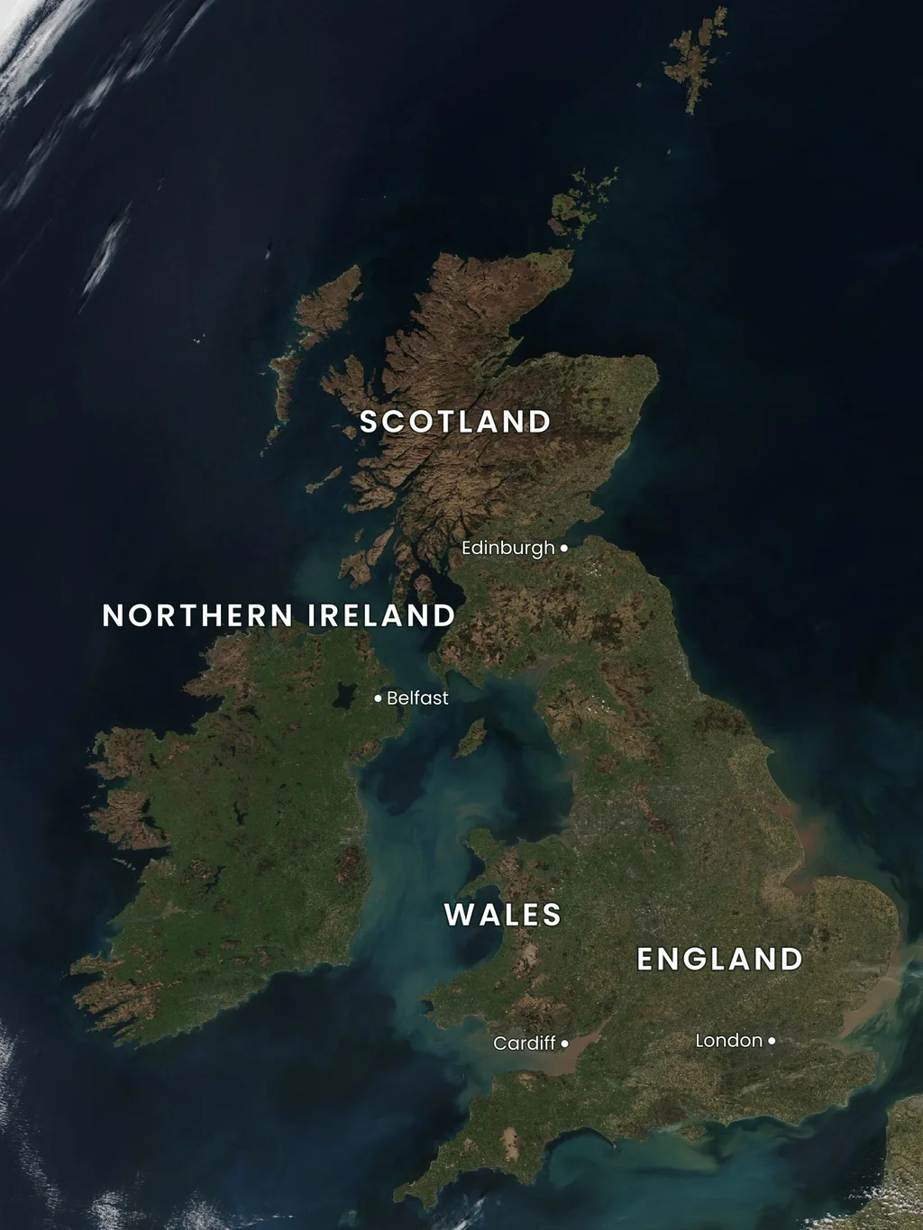 UK satellite map showing England, Scotland, Wales and Northern Ireland