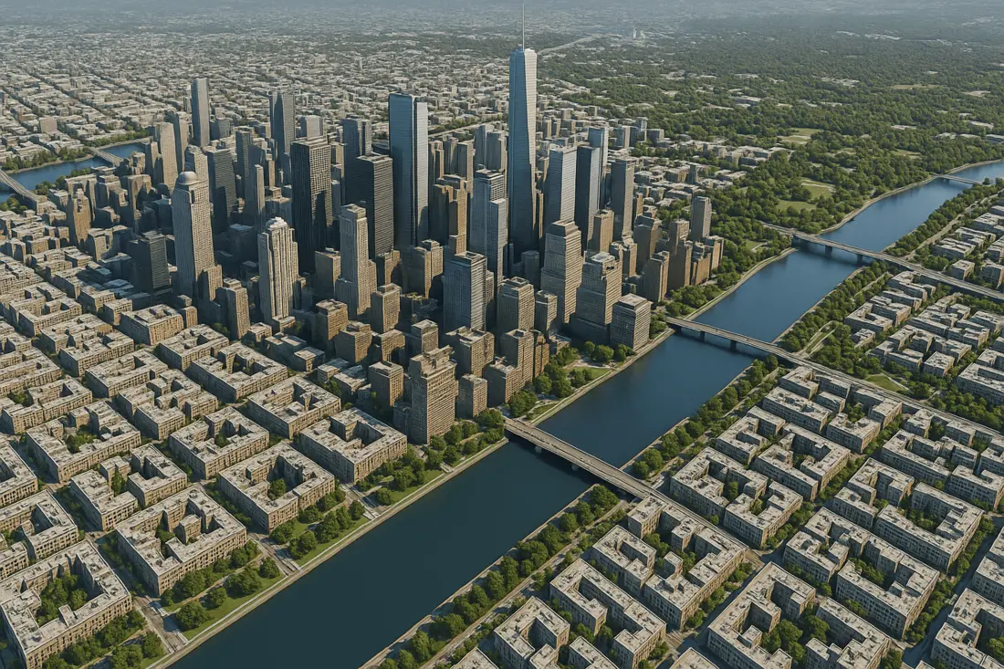 3D digital surface model of a city showing buildings, streets, and a river, illustrating how a DSM retains every surface structure a bare-earth DEM removes