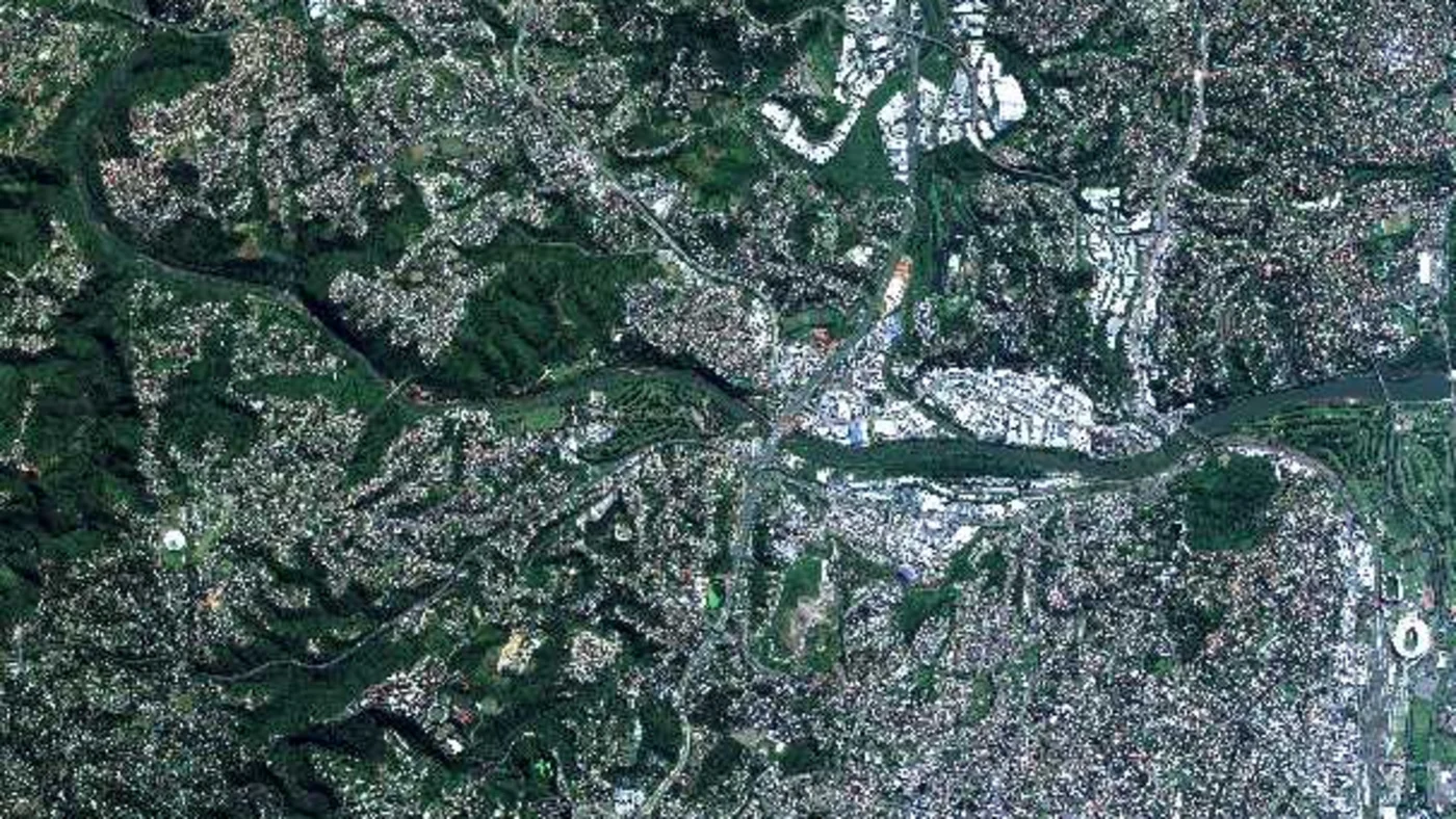 Beijing-3A multispectral satellite image of Durban, South Africa, showing a winding river, road network, and dense urban development at high resolution
