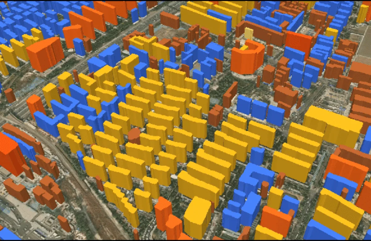 3D white model of a city block showing extruded box-model buildings color-coded by height, generated from extracted stereo contours