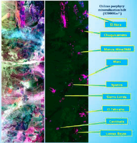 Hyperspectral alteration and iron-anomaly map across the Andean copper exploration region in Chile
