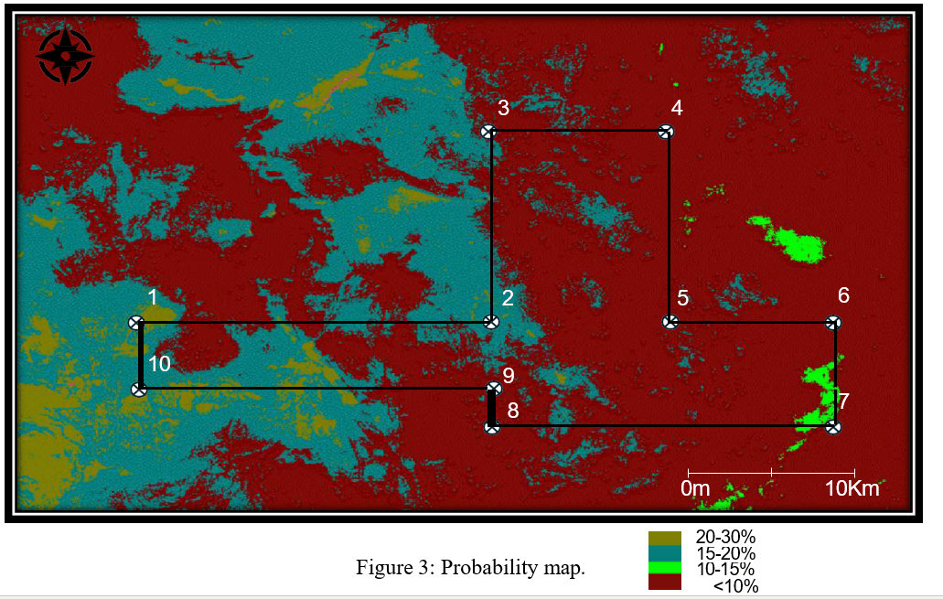 Satellite-derived gold deposit probability map across the Reguibat Shield exploration region in Mauritania