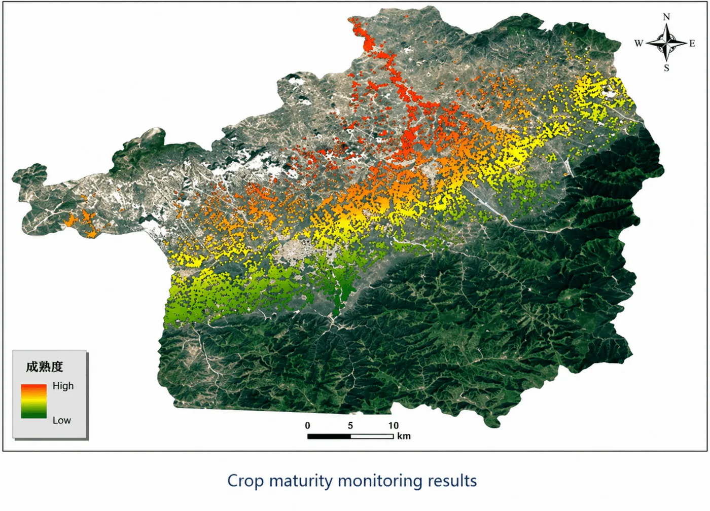 Satellite crop maturity monitoring map of a wheat growing region in China, showing maturity levels from low in green to high in red across the landscape