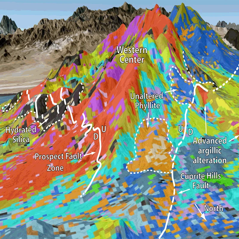 USGS hyperspectral alteration mineral map of the Cuprite, Nevada reference site showing iron-oxide and clay zones in false color