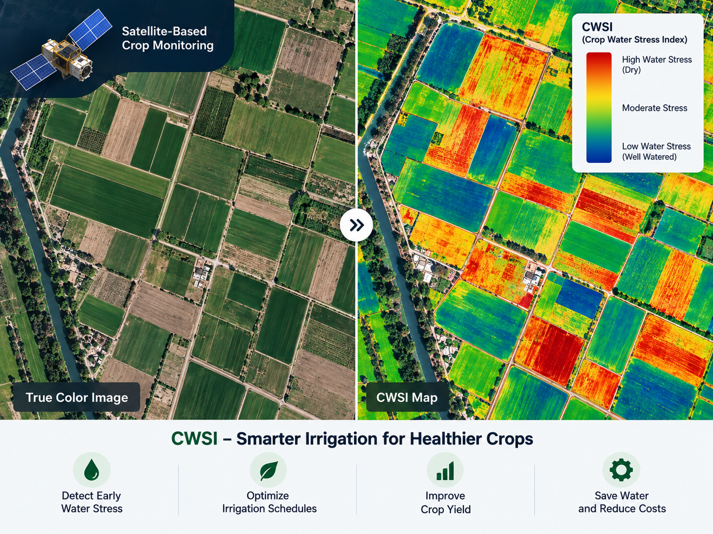 CWSI crop water stress index satellite map comparing true color farmland to a water stress index showing dry, moderate, and well-watered zones