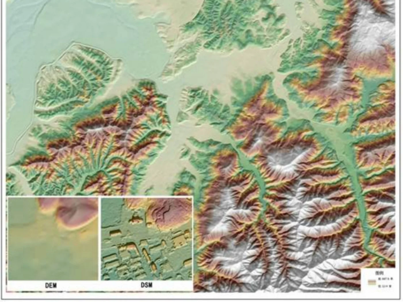 Color-coded relief map of mountainous terrain built from satellite elevation data, with inset panels comparing a bare-earth Digital Elevation Model against a Digital Surface Model that retains buildings