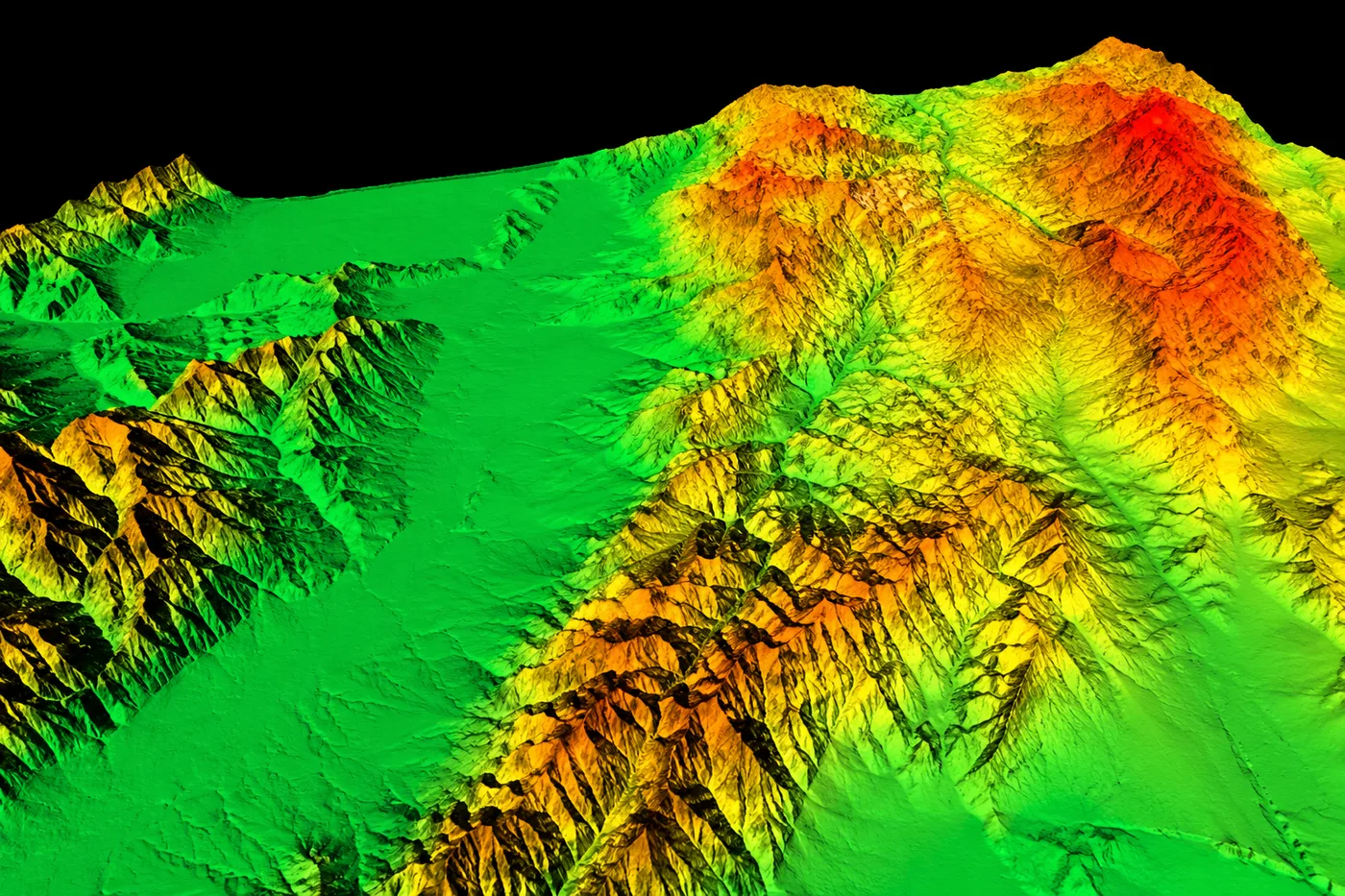 Colorized Digital Elevation Model of mountainous terrain surrounding an oil and gas pipeline route, used for flood and landslide risk modeling