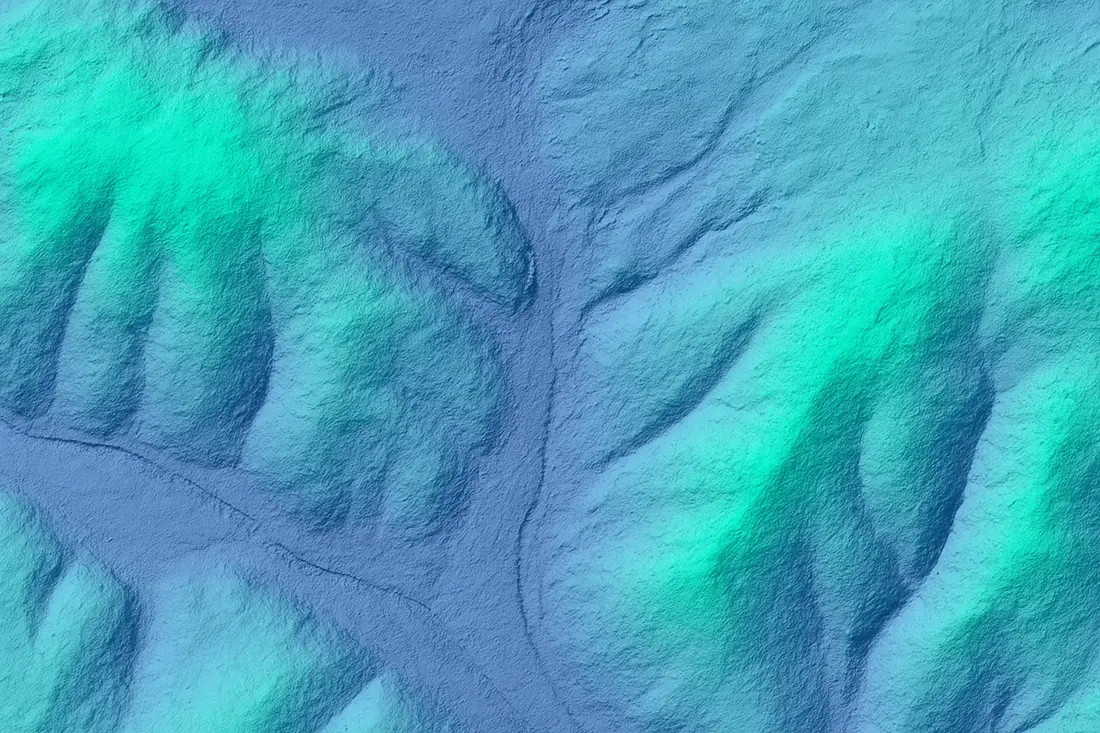 Digital elevation model hillshade rendering showing ridgelines and a branching drainage network used to trace fault-controlled terrain