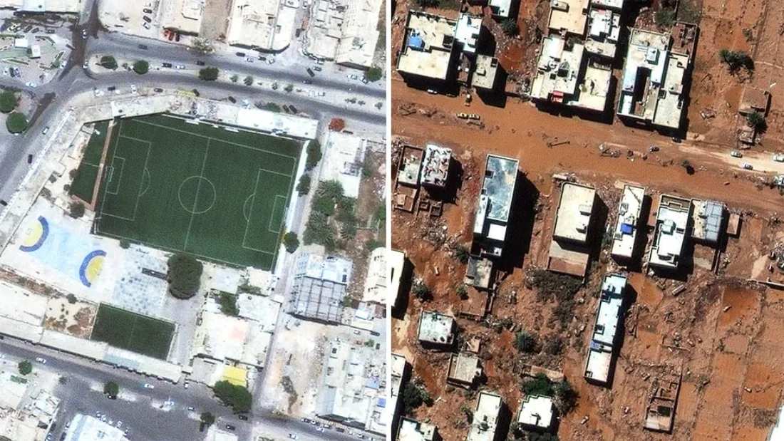 Before and after satellite comparison showing an intact sports field and surrounding buildings on the left, and the same area covered in flood mud and debris on the right