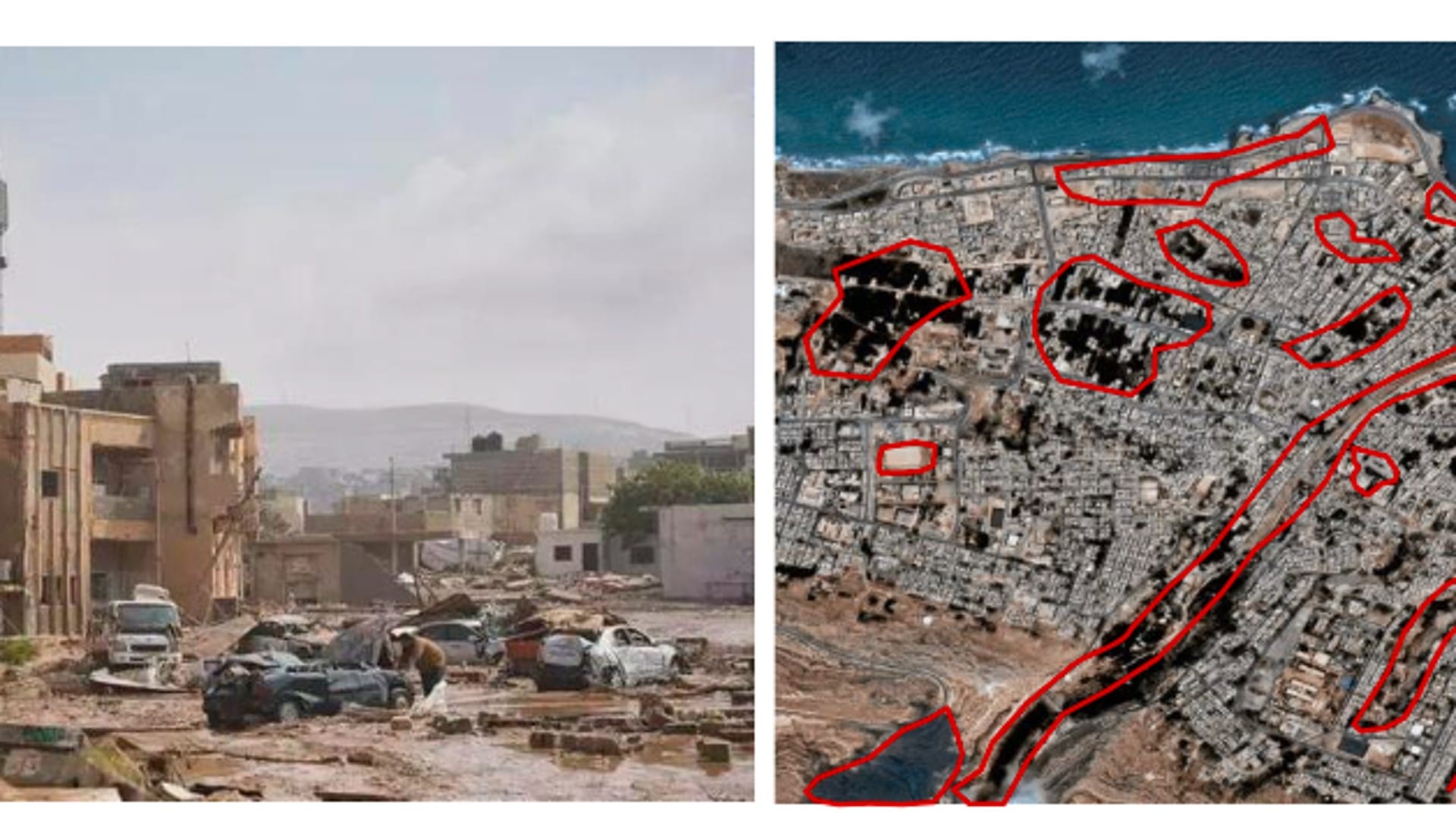 Ground photo of flood damage in Derna Libya alongside a satellite image with red outlines marking destroyed city blocks