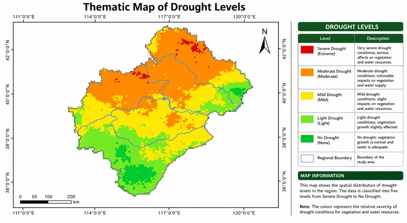 Thematic satellite map of regional drought severity levels ranging from no drought to severe drought across a farming region