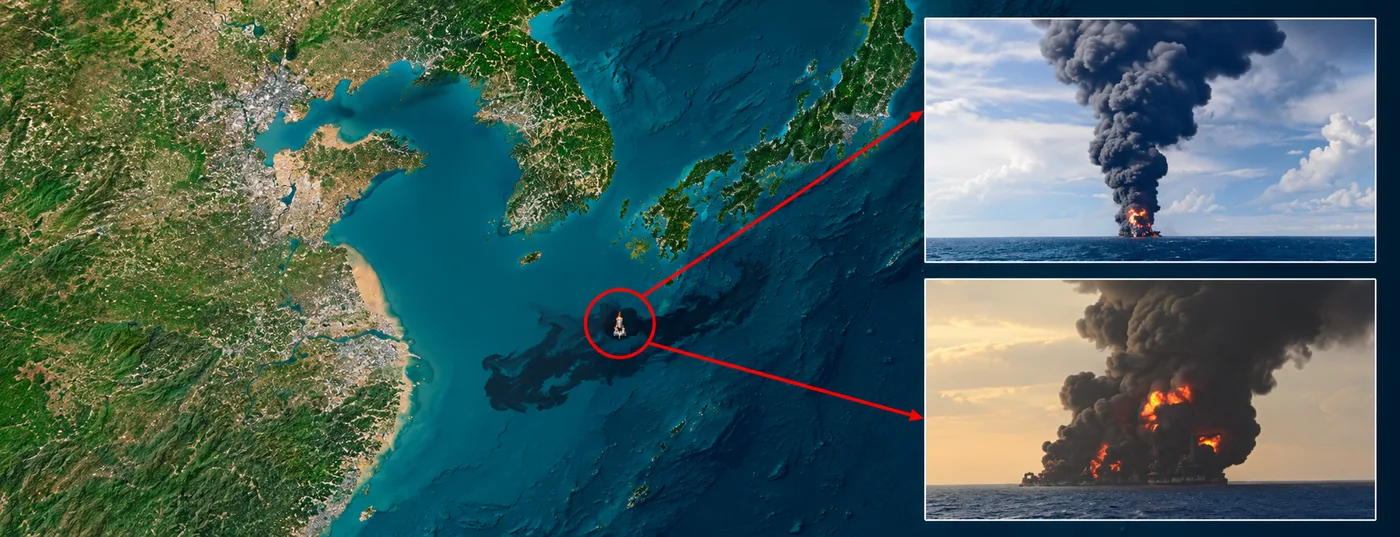Satellite detection of a marine vessel fire near an oil and gas shipping lane, with close-up photos confirming the flames and smoke plume