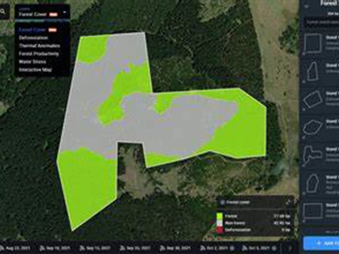 Forest monitoring dashboard showing a mapped parcel with forest cover in green and cleared or non-forest area in gray, alongside a timeline for tracking deforestation over time