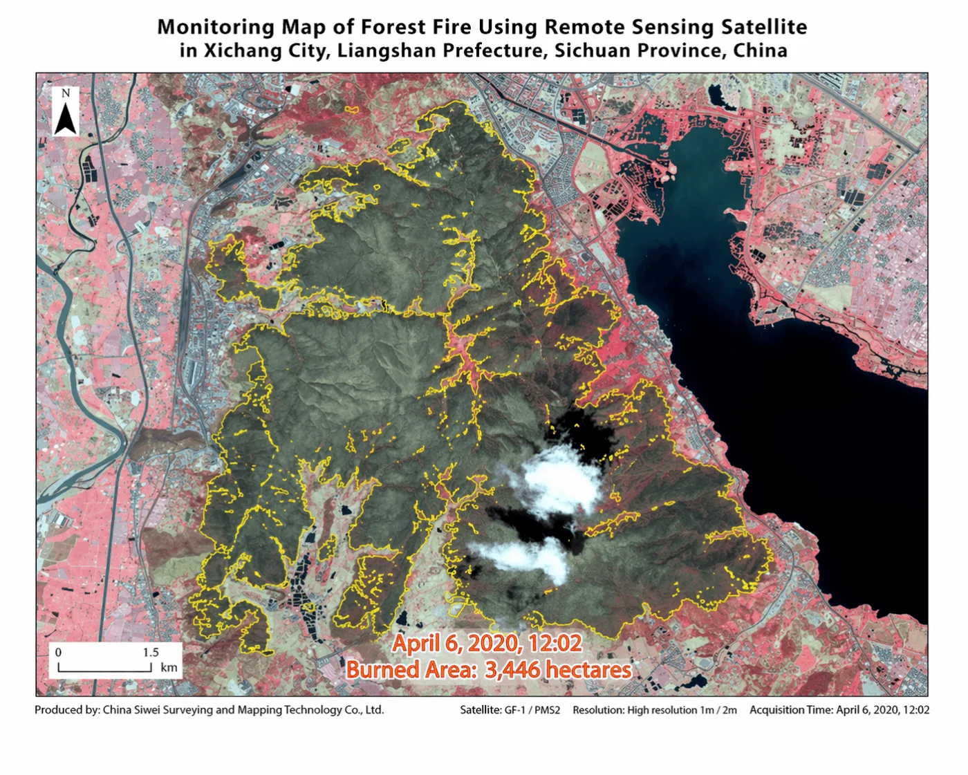 Satellite monitoring map of a 2020 forest fire near Xichang, China, with the burned area outlined in yellow and labeled at 3,446 hectares