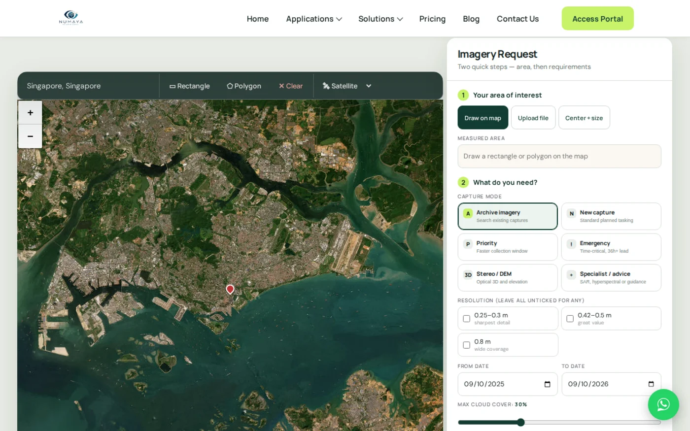 The buysatelliteimages.com imagery request portal, showing a free-to-search satellite map and archive imagery options