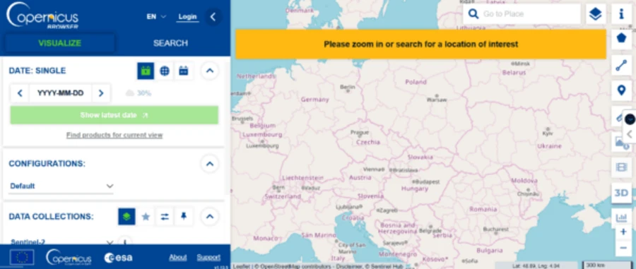 Copernicus Data Space Ecosystem browser interface showing a map of Europe with Sentinel satellite data search options