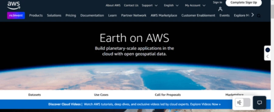 Earth on AWS homepage describing free planetary-scale geospatial datasets hosted on Amazon Web Services