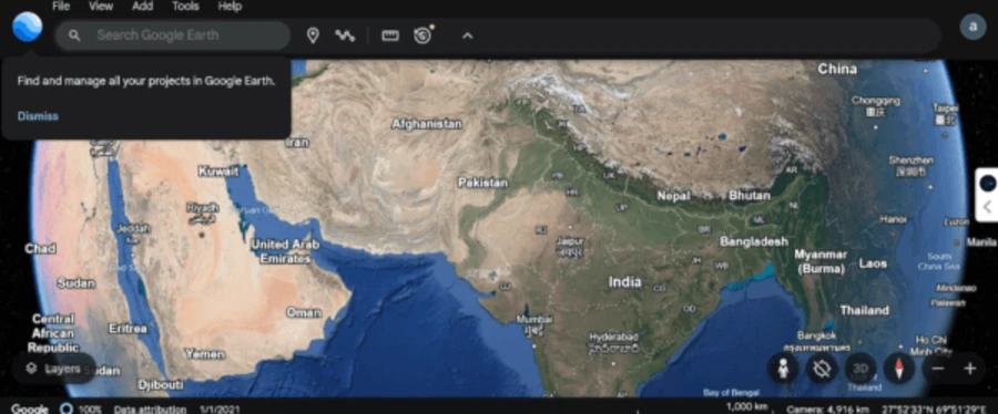 Google Earth interface showing a 3D globe view of the Middle East and South Asia with search tools