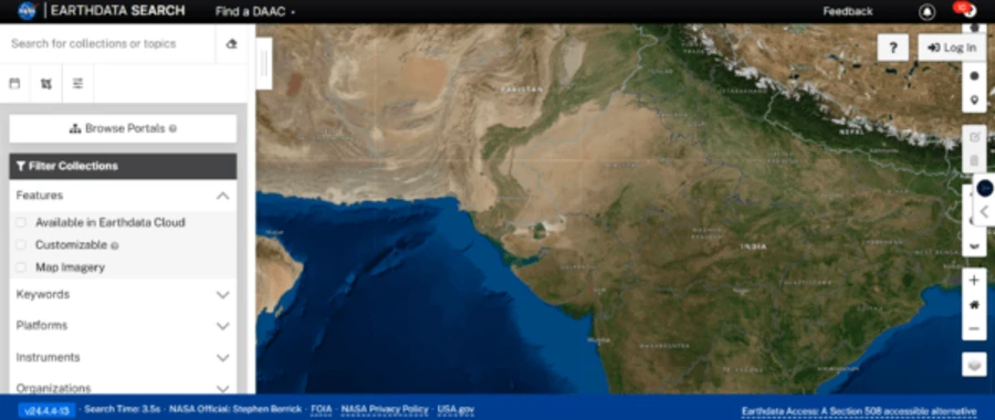 NASA Earthdata Search interface showing collection filters and a satellite map of South Asia