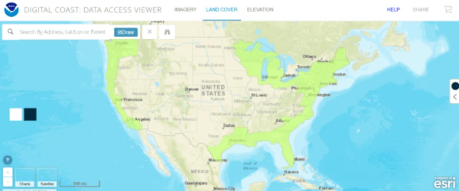 NOAA Digital Coast Data Access Viewer showing imagery, land cover, and elevation layer options over the continental United States