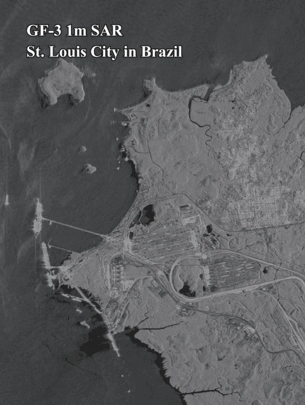 SAR satellite imagery of a coastal port city with docks and terminal infrastructure