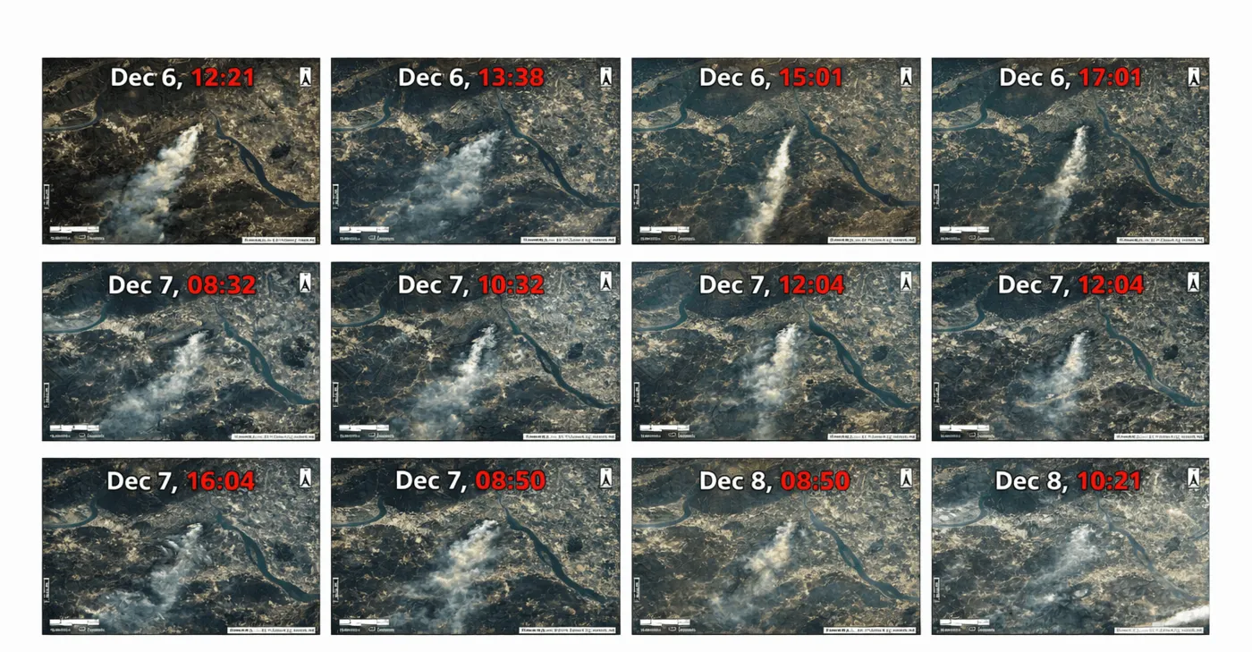 Geostationary satellite time series showing a wildfire smoke plume changing shape and direction over 48 hours