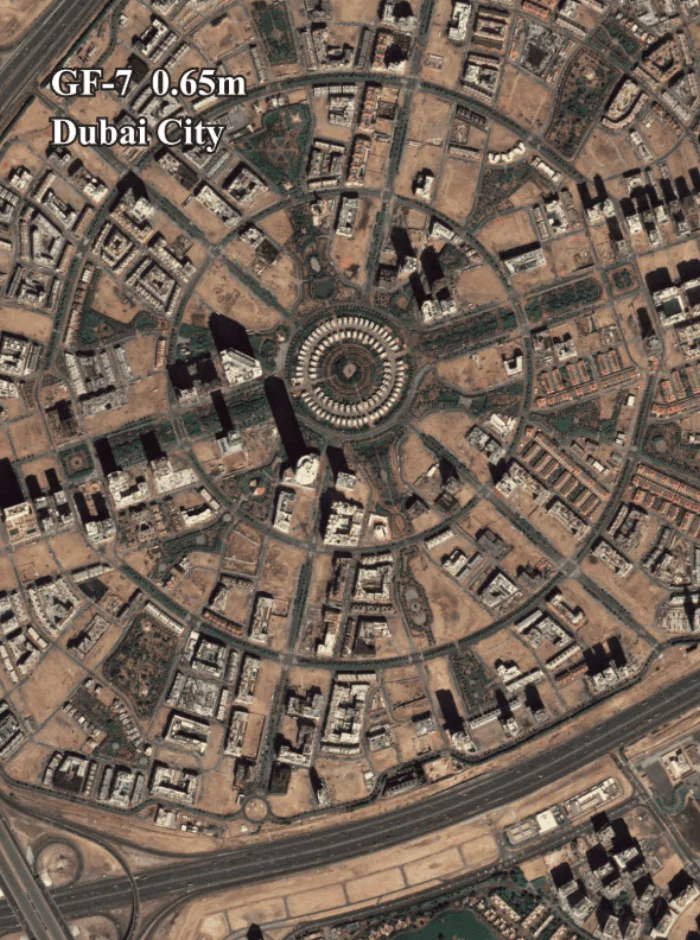 GF-7 satellite image at 0.65 meter resolution of Dubai City showing a circular urban district