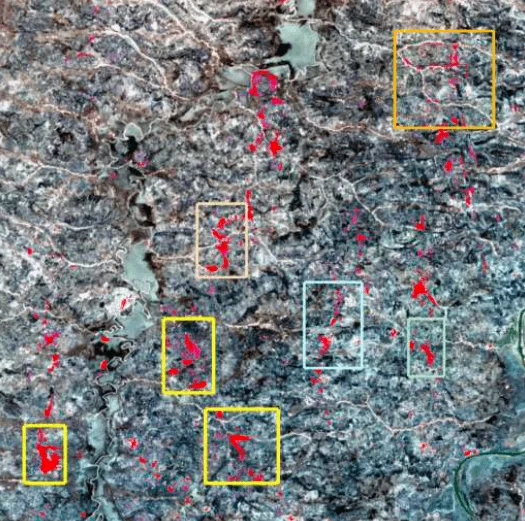 Satellite-derived hydrothermal alteration anomaly map across a gold exploration tenure in West Africa