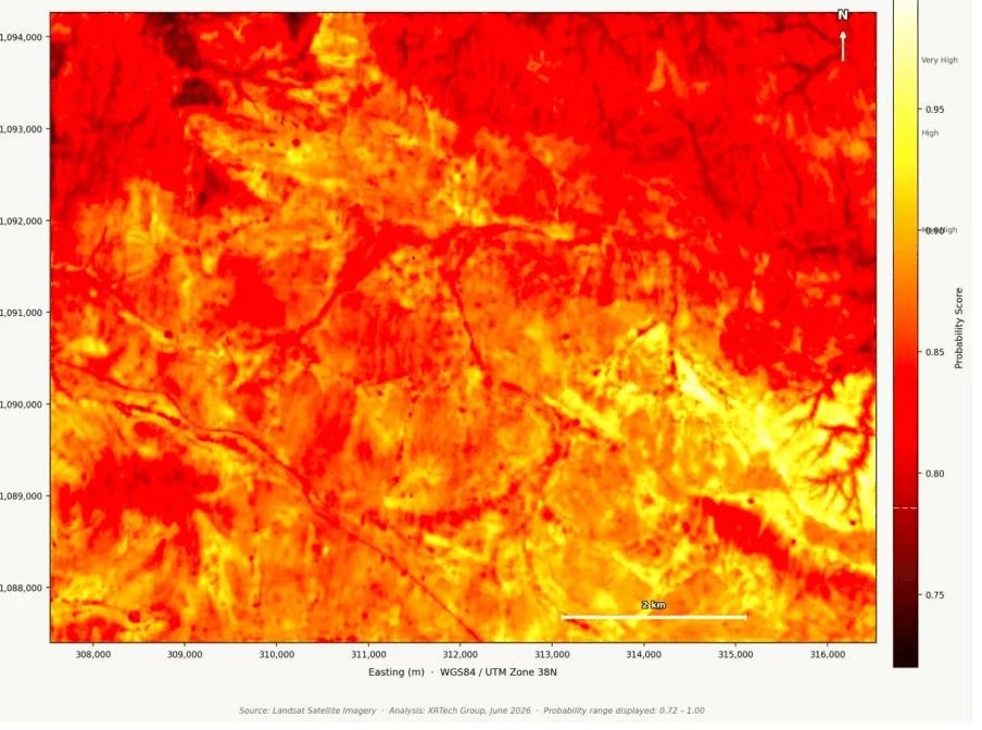 Color-coded gold prospectivity heatmap across the Lake Victoria Gold Belt in Tanzania