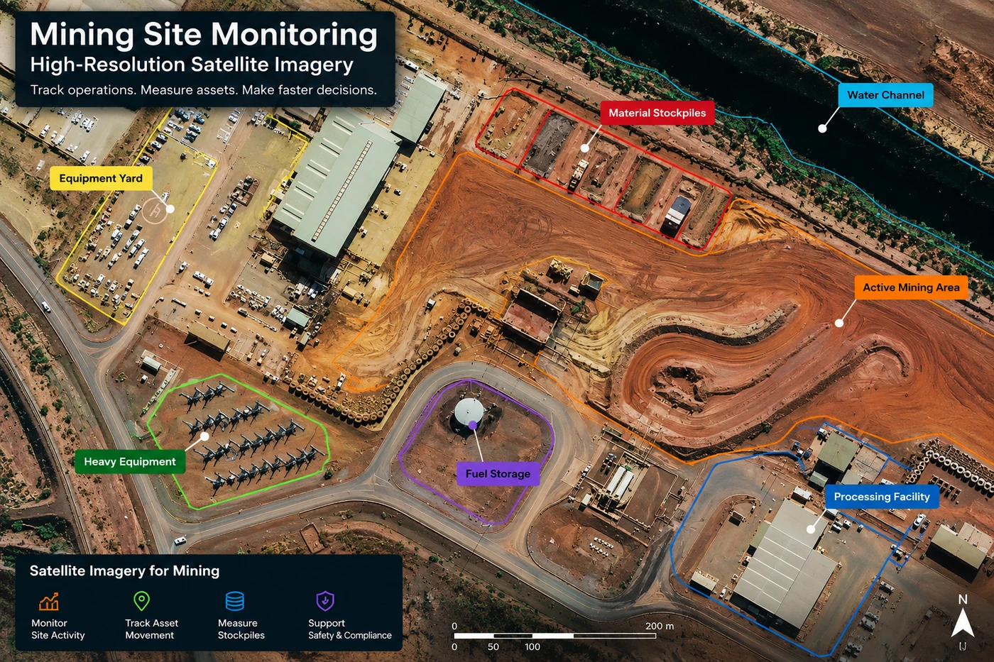 Annotated high-resolution satellite image of an active mine labeling the equipment yard, material stockpiles, active mining area, fuel storage, and processing facility