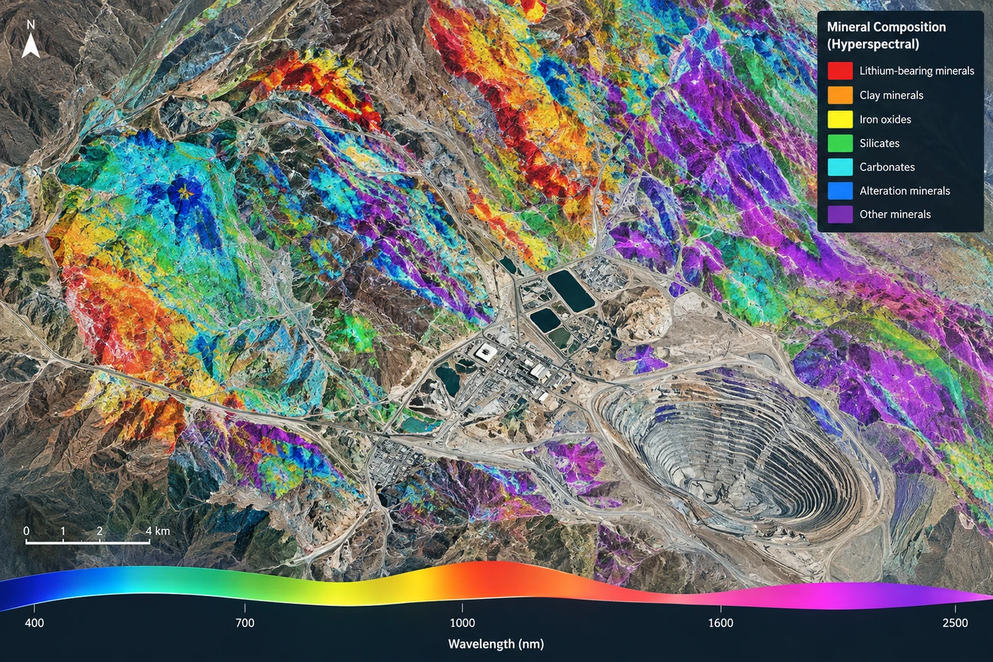 Hyperspectral mineral composition classification map of a mine site color-coded by lithium-bearing minerals, clay minerals, iron oxides, silicates, carbonates, and alteration minerals, with a 400 to 2500 nanometer wavelength scale bar