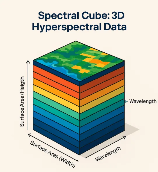 Diagram of a hyperspectral imaging spectral cube showing hundreds of narrow wavelength bands stacked over a farmland scene