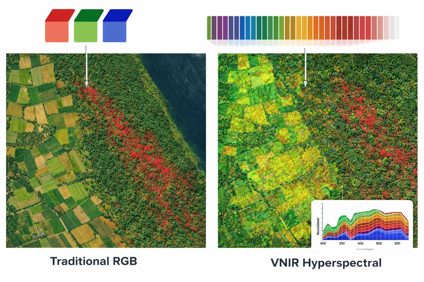 Side-by-side comparison of standard RGB satellite imagery and VNIR hyperspectral imagery over the same forested terrain, showing stress zones invisible in the RGB view
