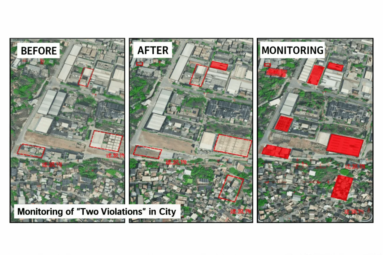Before, after, and monitoring satellite imagery panels showing unauthorized construction flagged in red outlines within a city block
