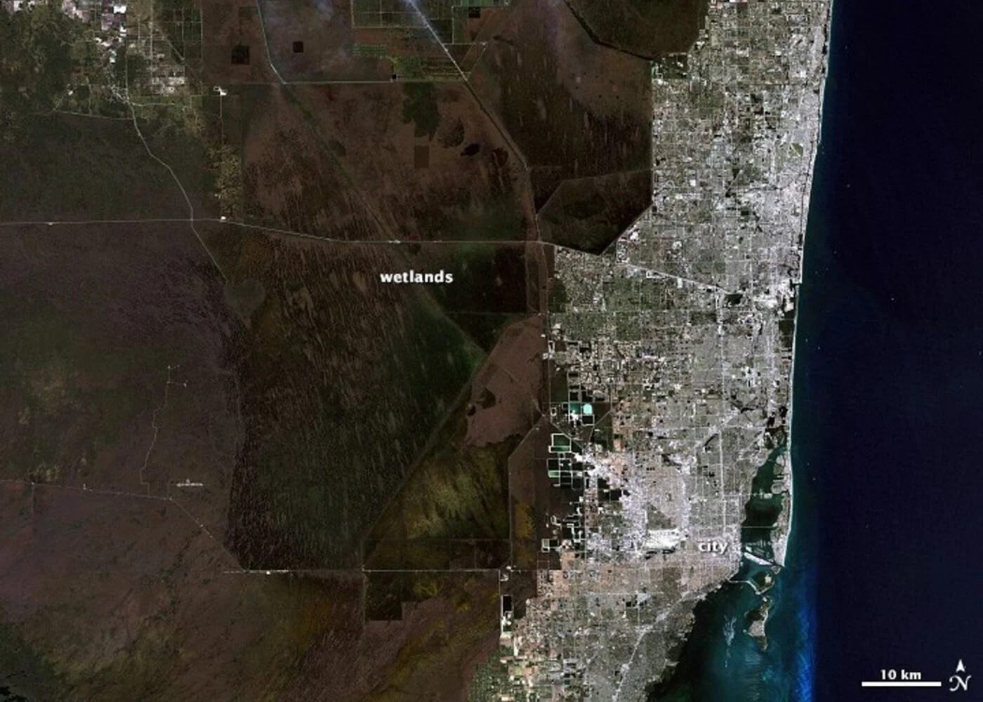Landsat 5 natural color satellite image of southeast Florida showing farm fields, wetlands, and coastal city development