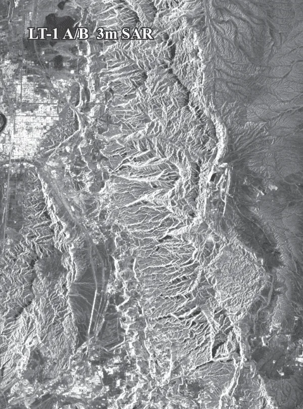 LT-1 A/B SAR satellite imagery at 3 meter resolution showing mountain terrain and drainage patterns