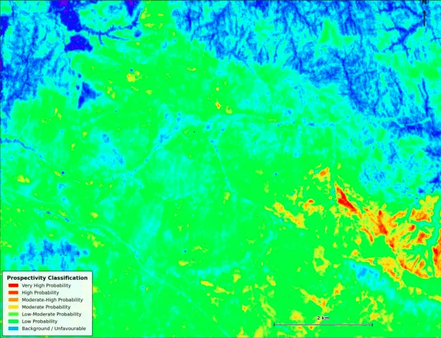 Mineral prospectivity classification map with a probability legend ranging from very high to background