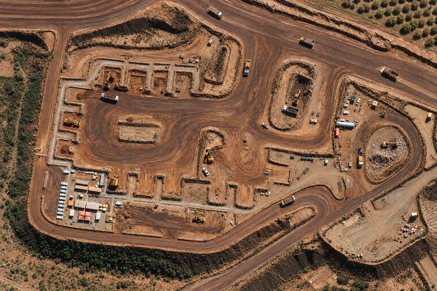 Aerial satellite image of active earthworks and haul roads at a mine site