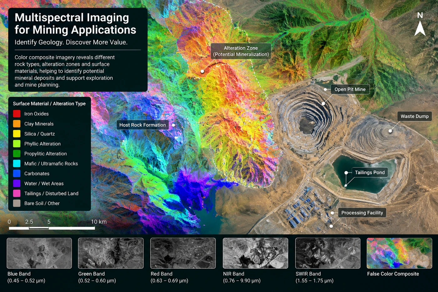 Multispectral false-color satellite image of a mine site with alteration zones color-coded by surface material, including iron oxides, clay minerals, and phyllic alteration, alongside individual Blue, Green, Red, NIR, and SWIR band strips