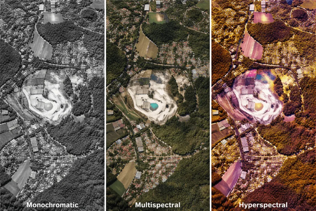 Side-by-side satellite image comparison of multispectral and hyperspectral resolution over the same terrain