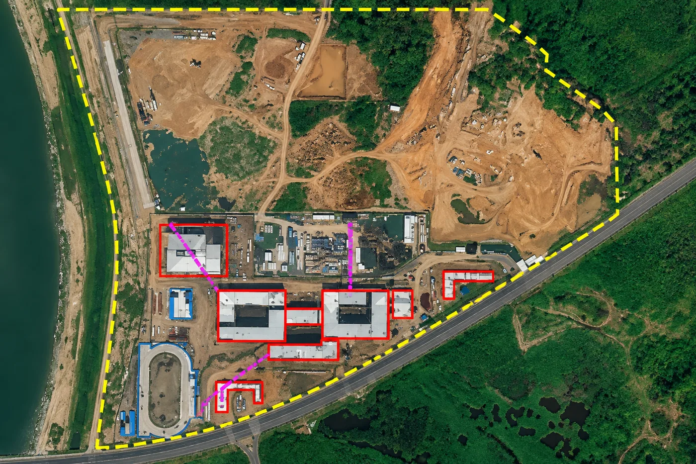 AI-tagged high-resolution satellite imagery of structures and activity inside a pipeline buffer zone boundary, used for automated right-of-way encroachment detection