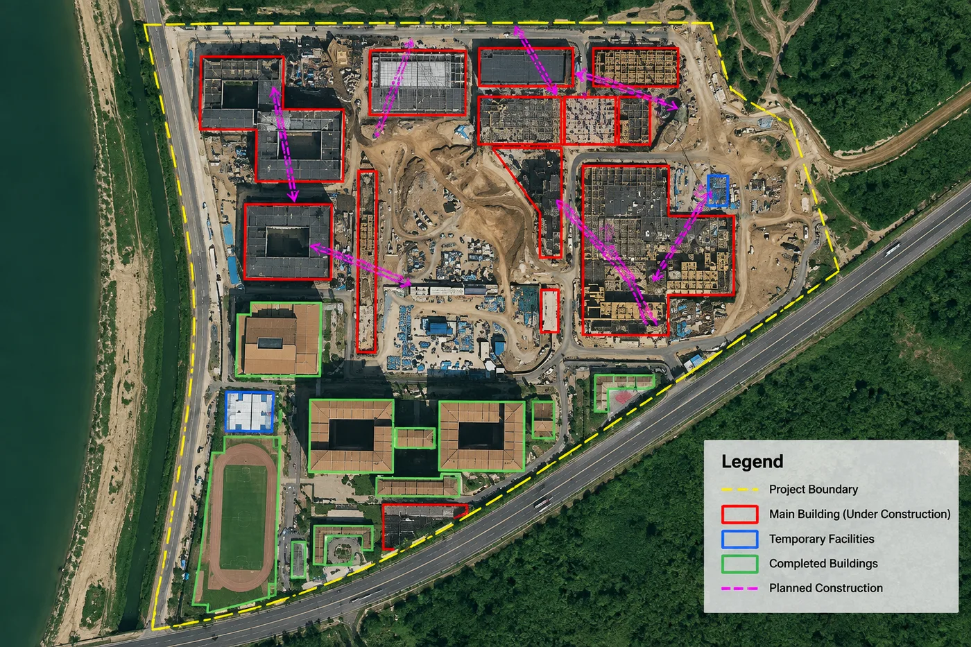 Satellite imagery of an oil and gas facility under construction, with AI-tagged building phases: under construction, completed, and planned